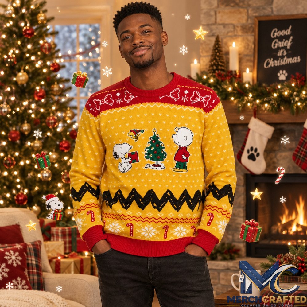 Snoopy And Charlie Brown Christmas Tree 2026 Ugly Christmas Sweater Mens Yellow Holiday Knit Pullover