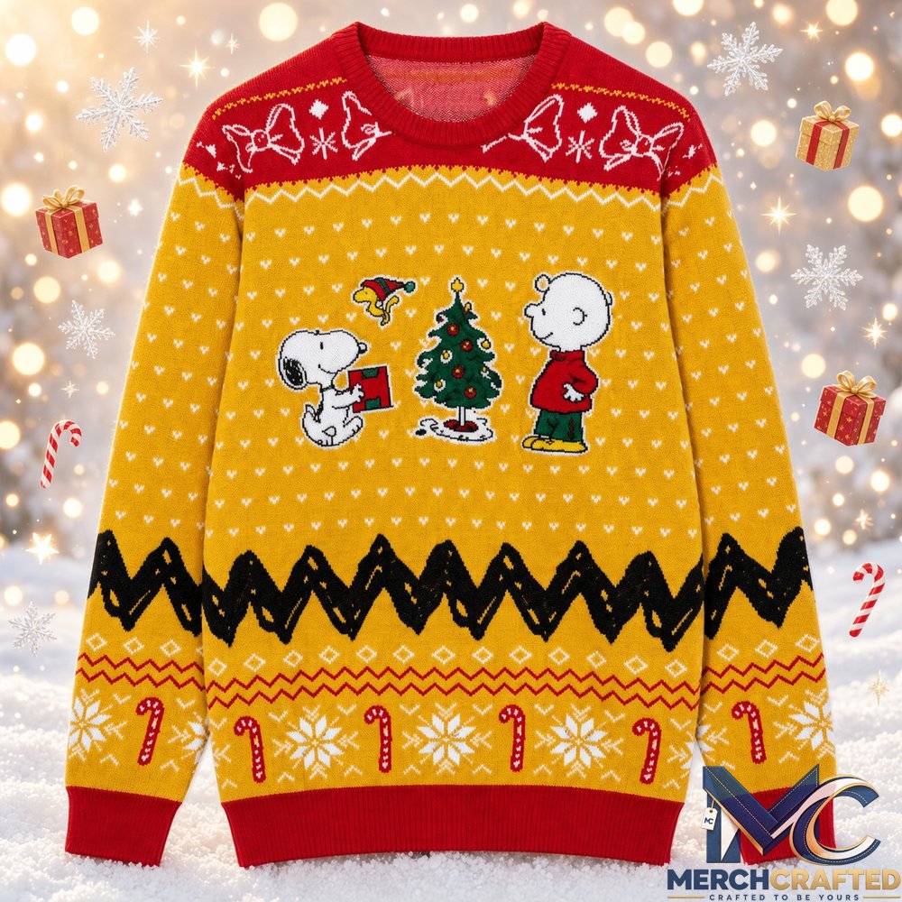 Snoopy And Charlie Brown Christmas Tree 2026 Ugly Christmas Sweater Mens Yellow Holiday Knit Pullover