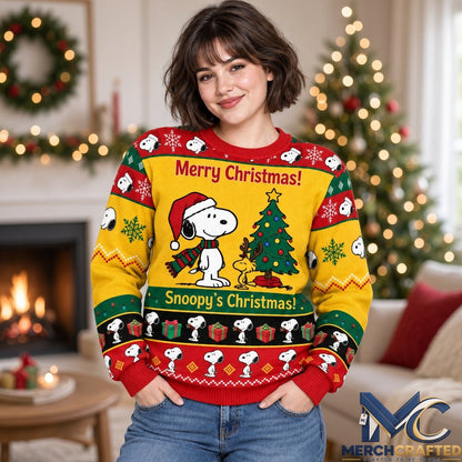 Snoopy Christmas Yellow Ugly Christmas Sweater 2026  Peanuts Holiday Knit for Snoopy Fans