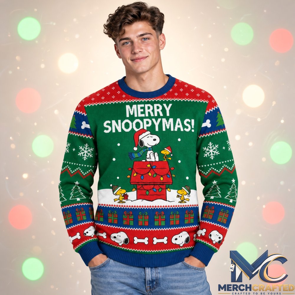 Snoopy Merry Snoopymas Green Ugly Christmas Sweater  Peanuts Holiday Knit for Snoopy Fans
