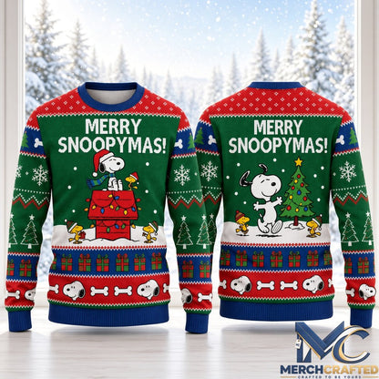 Snoopy Merry Snoopymas Green Ugly Christmas Sweater  Peanuts Holiday Knit for Snoopy Fans