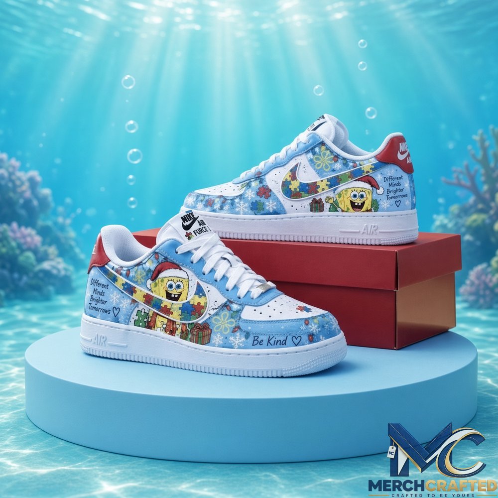 SpongeBob Christmas Autism Awareness Custom Air Force 1 Sneakers – Be Kind Puzzle Xmas Gift