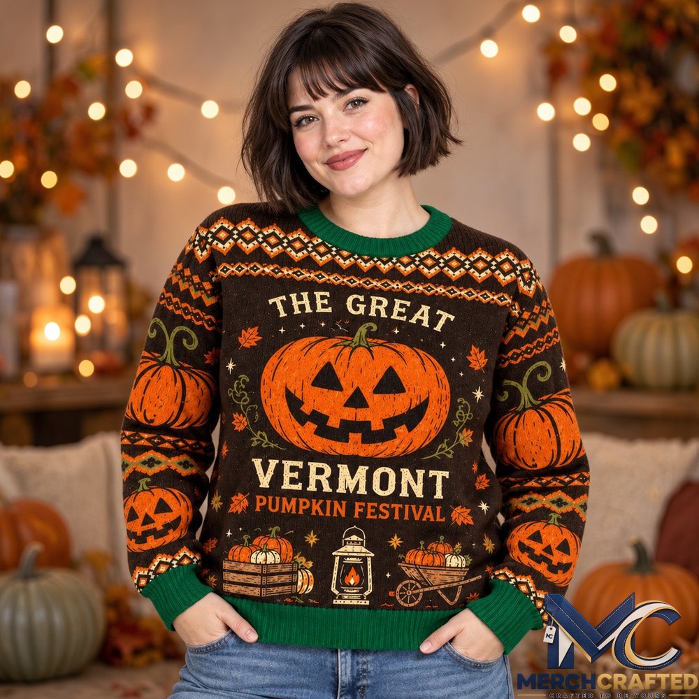 The Great Vermont Pumpkin Festival Halloween 2026 Ugly Sweater  Farm Jack-O-Lantern Holiday Knit for Fall Fans