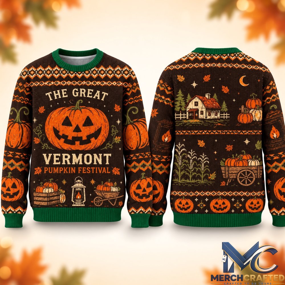 The Great Vermont Pumpkin Festival Halloween 2026 Ugly Sweater  Farm Jack-O-Lantern Holiday Knit for Fall Fans