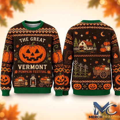 The Great Vermont Pumpkin Festival Halloween 2026 Ugly Sweater  Farm Jack-O-Lantern Holiday Knit for Fall Fans