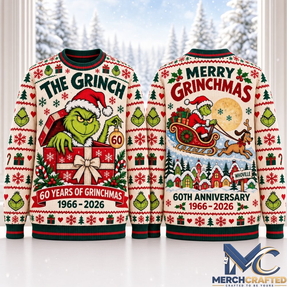 The Grinch 60th Anniversary Of Grinchmas 2026 Ugly Christmas Sweater  Merry Grinchmas Holiday Knit for Whoville Fans