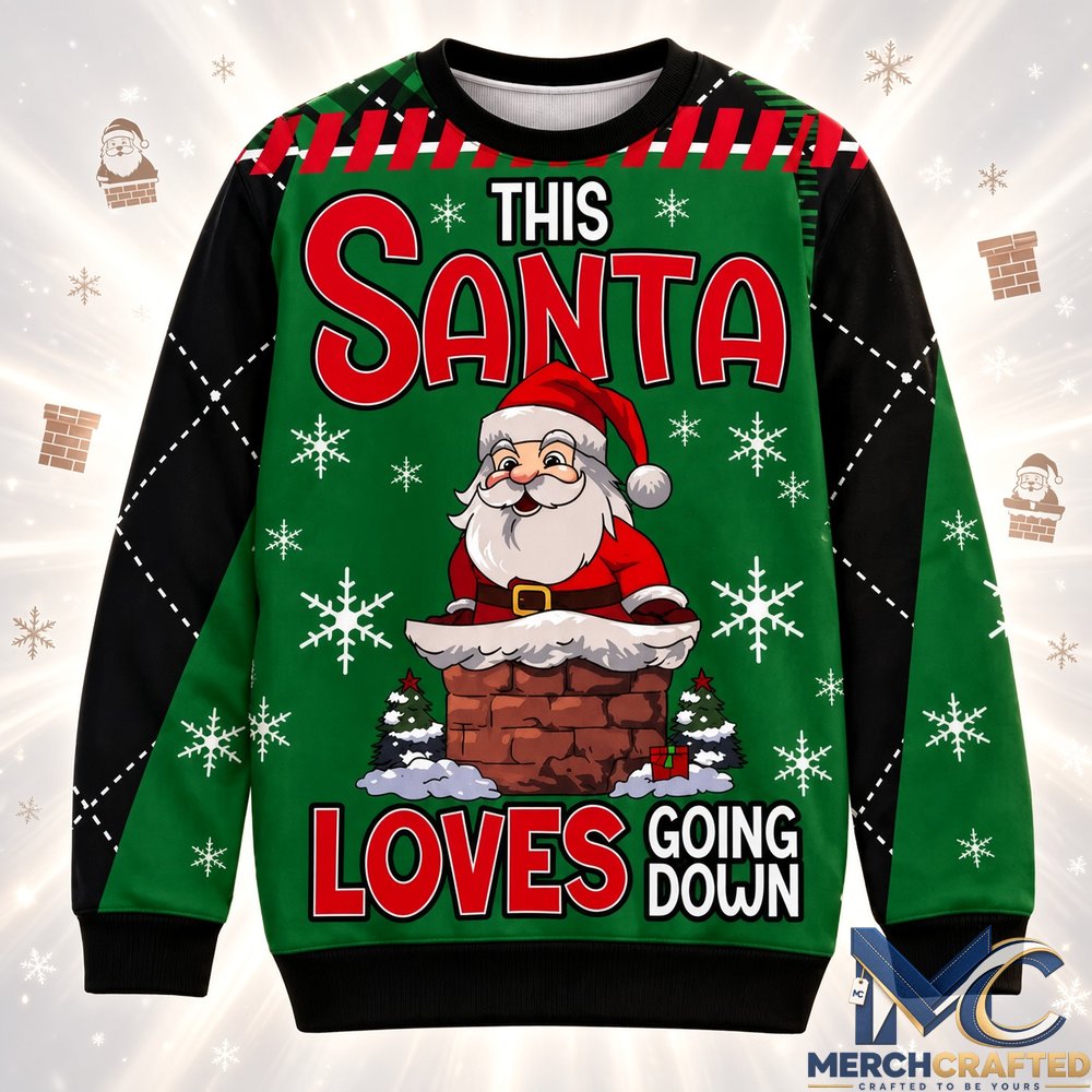 This Santa Loves Going Down Christmas Ugly Sweater Green Black Knit