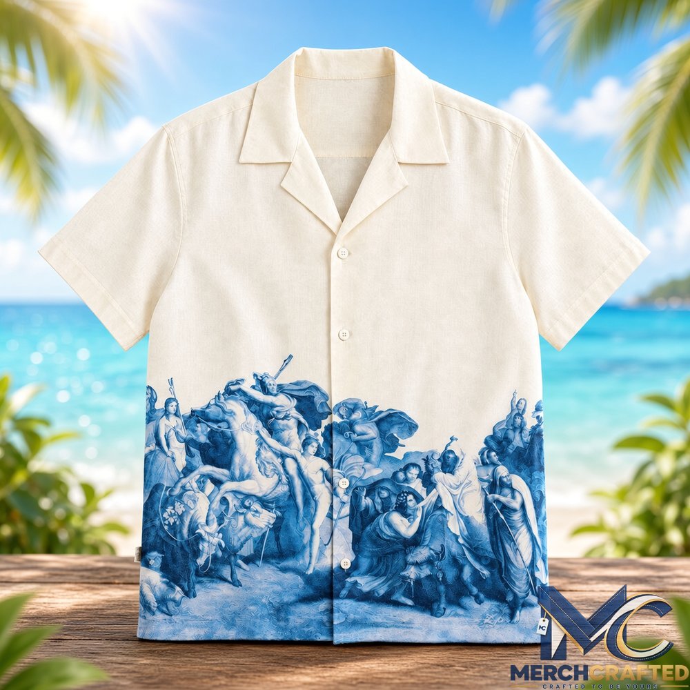 Tom Hardy Vintage Renaissance Blue Toile Hawaiian Shirt  Classic Art Print Camp Collar Button-Up
