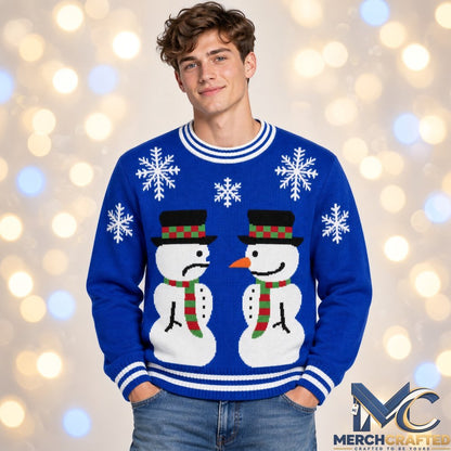 Two Snowmen Christmas Holiday 2026 Ugly Sweater  Funny Blue Knit Holiday Sweater