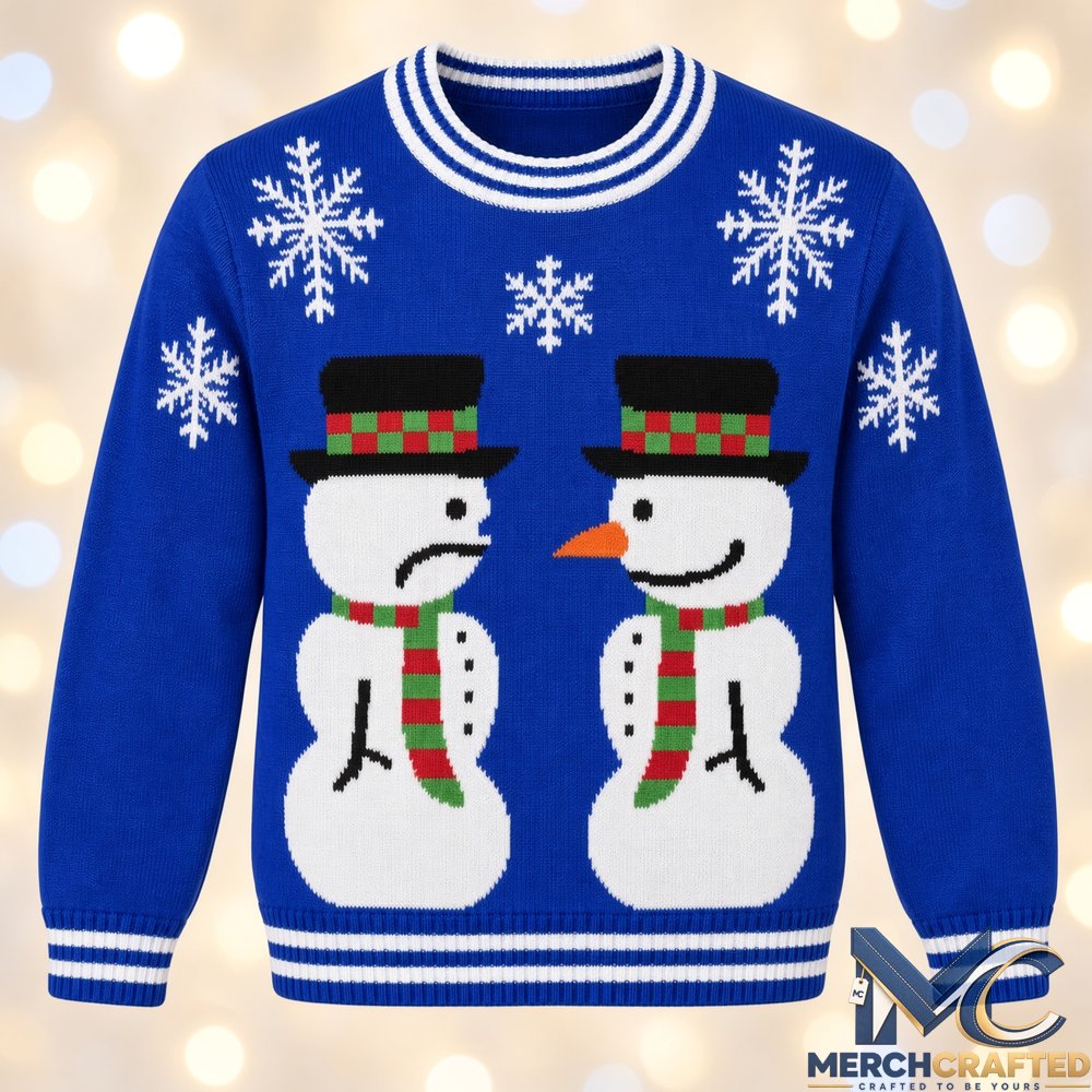 Two Snowmen Christmas Holiday 2026 Ugly Sweater  Funny Blue Knit Holiday Sweater