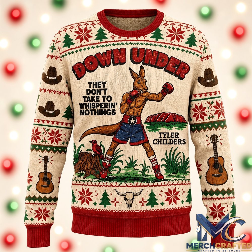 Tyler Childers Snipe Hunt Tour 2026 Kangaroo Boxing Ugly Christmas Sweater  Down Under They Don't Take To Whisperin' Nothings Holiday Knit