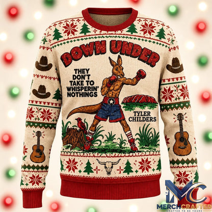 Tyler Childers Snipe Hunt Tour 2026 Kangaroo Boxing Ugly Christmas Sweater  Down Under They Don't Take To Whisperin' Nothings Holiday Knit