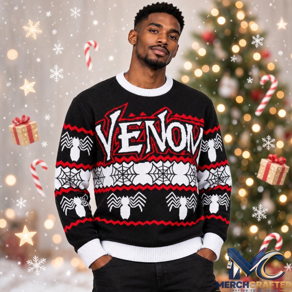 Venom Spider Web Ugly Christmas Sweater Mens Black Holiday Knit Pullover