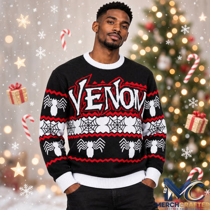 Venom Spider Web Ugly Christmas Sweater Mens Black Holiday Knit Pullover