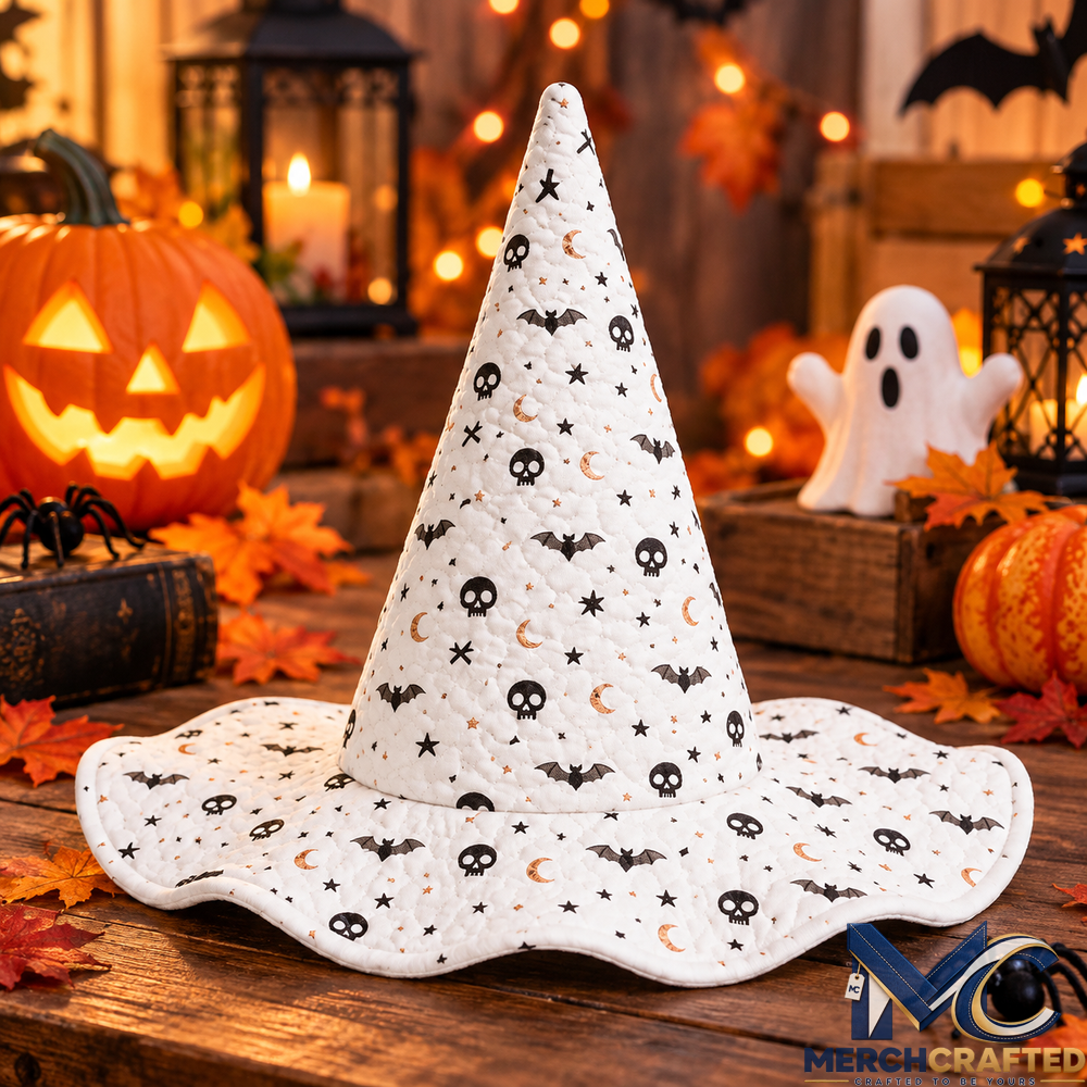 White Halloween Witch Hat with Skulls Bats and Moon Print Quilted Costume Hat