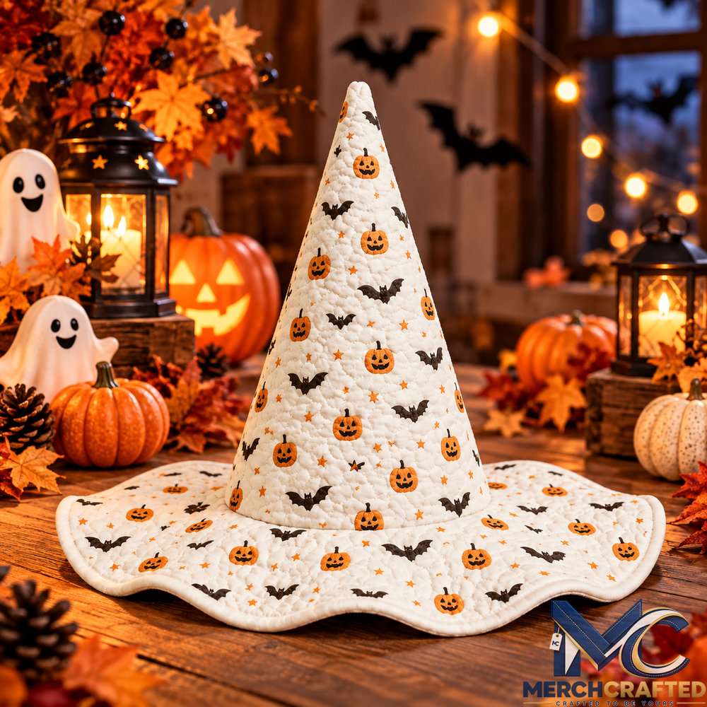 White Pumpkin and Bat Halloween Quilted Witch Hat for Women Costume Party Accessory