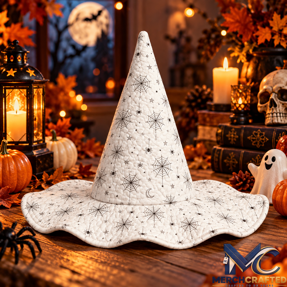 White Spiderweb Celestial Halloween Quilted Witch Hat for Women