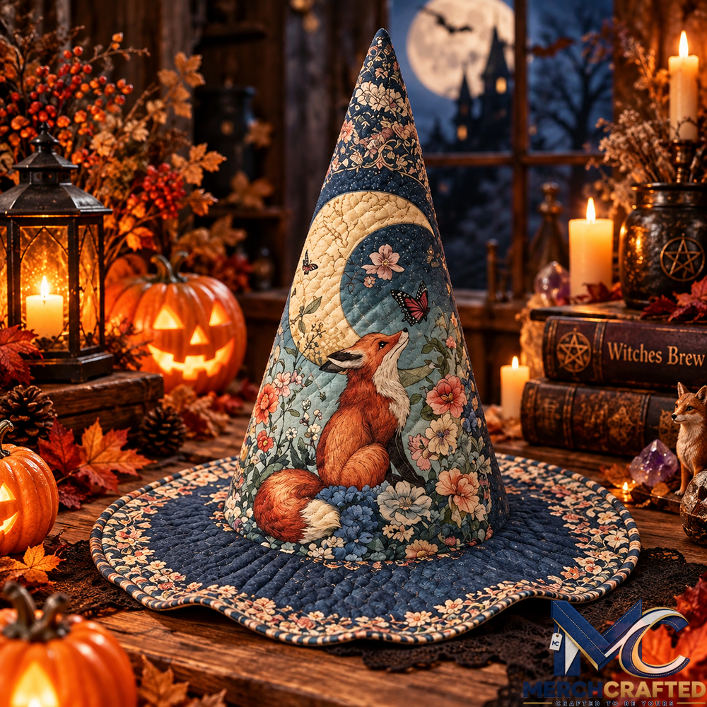 Woodland Fox Moon Floral Quilted Witch Hat for Women Halloween Costume Accessory