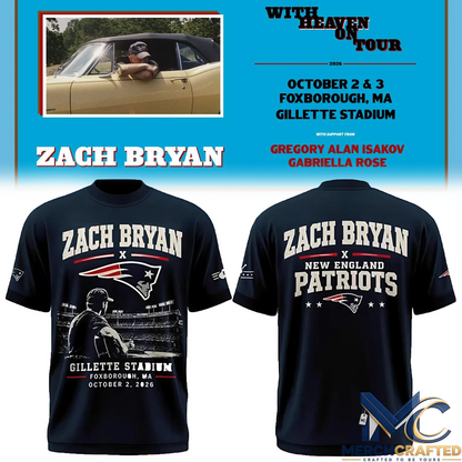 Zach Bryan New England Patriots Concert T-Shirt With Heaven On Tour 2026