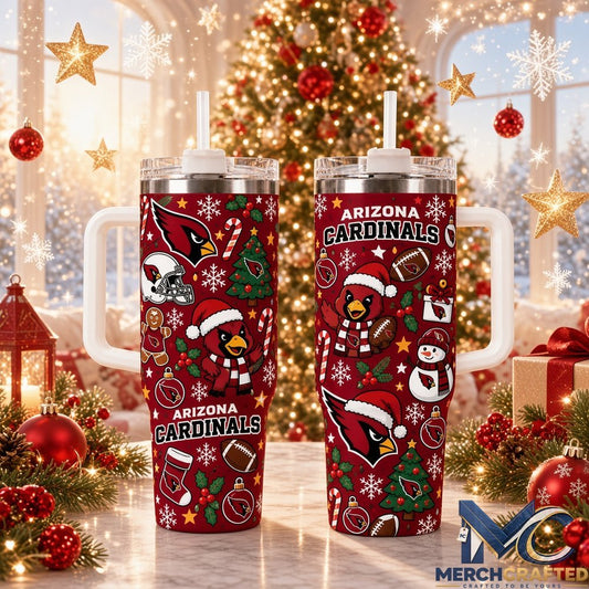 Arizona Cardinals Christmas Tumbler 40 oz with Handle and Straw Holiday Football Fan Travel Mug Gift - Merch Crafted