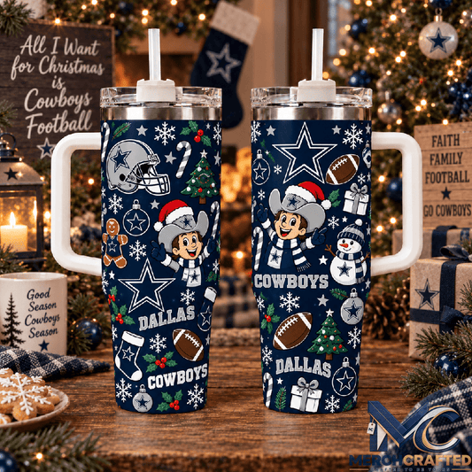 Dallas Cowboys Christmas Tumbler 40 oz with Handle and Straw - Merch Crafted
