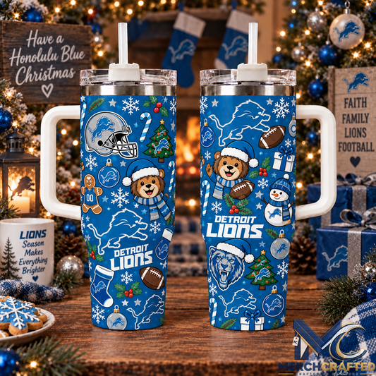 Detroit Lions Christmas 40oz Tumbler with Handle Holiday Football Fan Gift - Merch Crafted