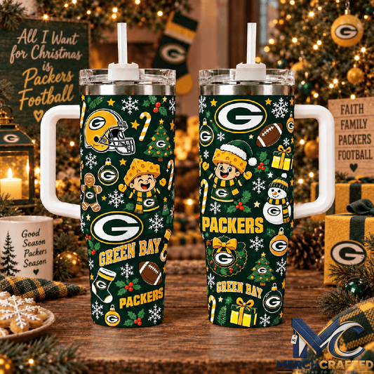 Green Bay Packers Christmas 40oz Tumbler with Handle Holiday Football Fan Gift - Merch Crafted