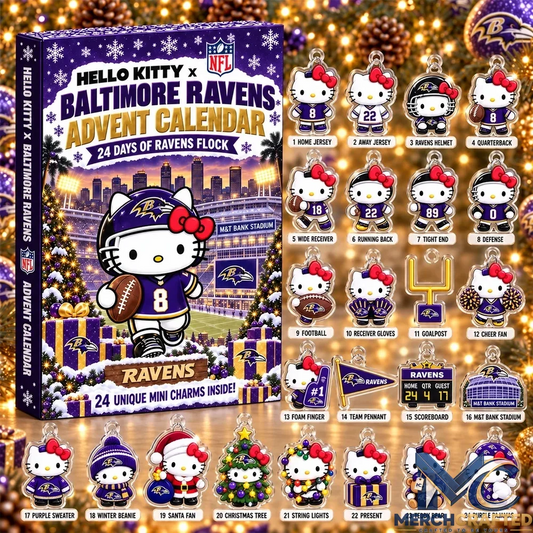 Hello Kitty Baltimore Ravens Advent Calendar 2026 24 Day Christmas Countdown Acrylic Charms Collectible Gift for NFL Fans - Merch Crafted