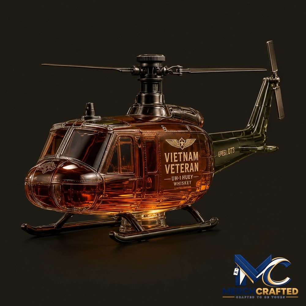 Vietnam Veteran UH 1 Huey Helicopter 1965 1975 Whiskey Bottle - Merch Crafted