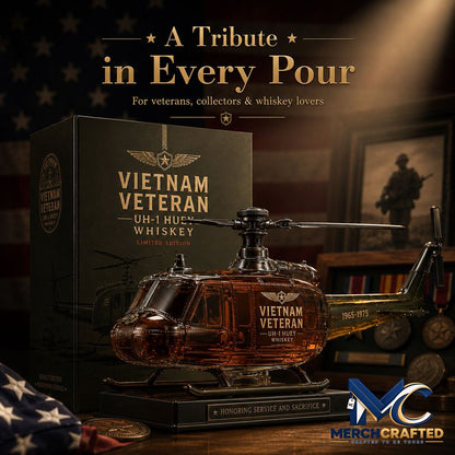 Vietnam Veteran UH 1 Huey Helicopter 1965 1975 Whiskey Bottle - Merch Crafted