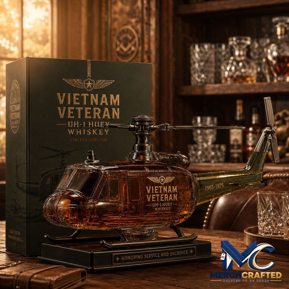 Vietnam Veteran UH 1 Huey Helicopter 1965 1975 Whiskey Bottle - Merch Crafted