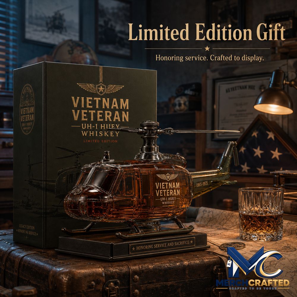 Vietnam Veteran UH 1 Huey Helicopter 1965 1975 Whiskey Bottle - Merch Crafted