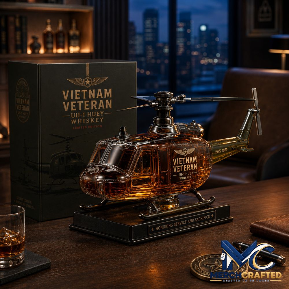 Vietnam Veteran UH 1 Huey Helicopter 1965 1975 Whiskey Bottle - Merch Crafted