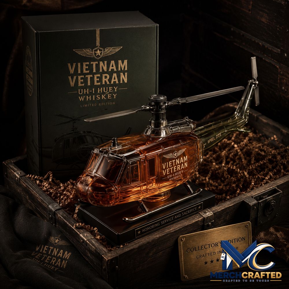 Vietnam Veteran UH 1 Huey Helicopter 1965 1975 Whiskey Bottle - Merch Crafted
